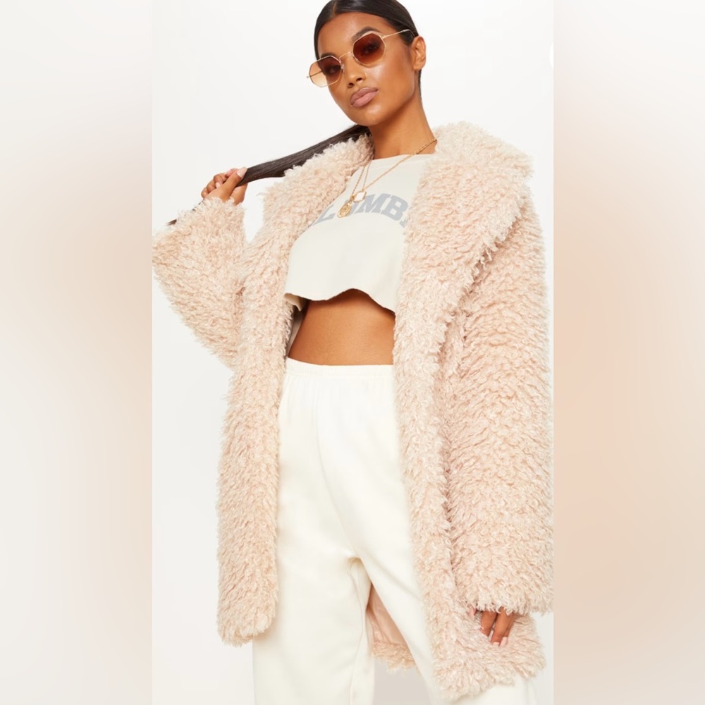 PRETTY LITTLE THING Stone Teddy Faux Fur Coat - Size US 6
